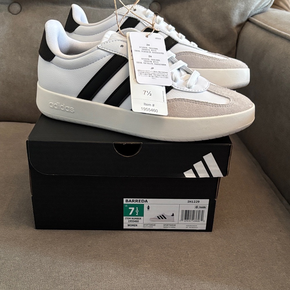 Adidas White and Black Barreda Low-Top Sneakers.  Brand new in box with tags.